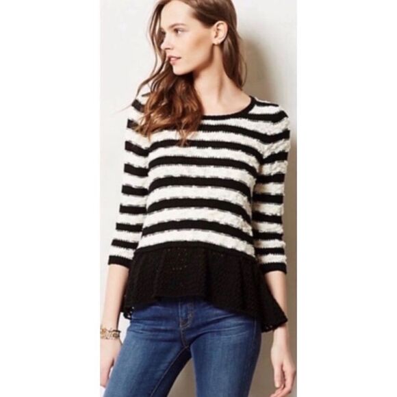 Anthropologie Knitted & Knotted Peplum Black Striped Sweater - Picture 1 of 8